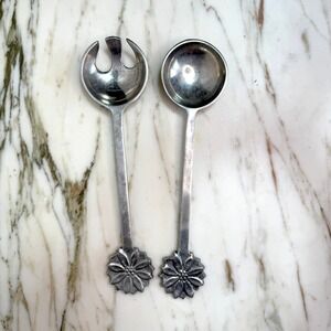 Vintage Indian Pewter Floral Salad Serving Spoon & Fork Set, Made in India